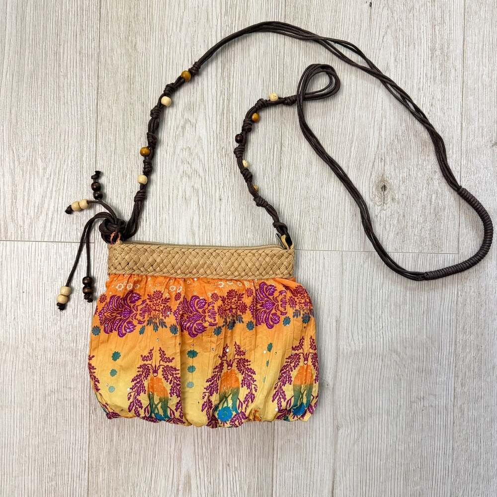 Boho Fabric & Woven Straw Small Crossbody Bag